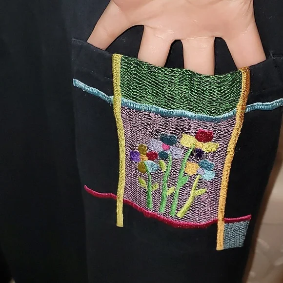 Michael Simon maxi dress XL embroidered floral black cotton pocket unique - Picture 4 of 6